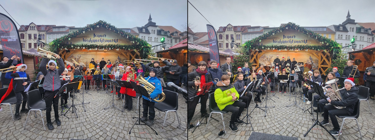 Junior Brass Band KLANGwelt (links) und Jugend Brass Band BlechKLANG (rechts) auf dem Jenaer Weihnachtsmarkt 2025